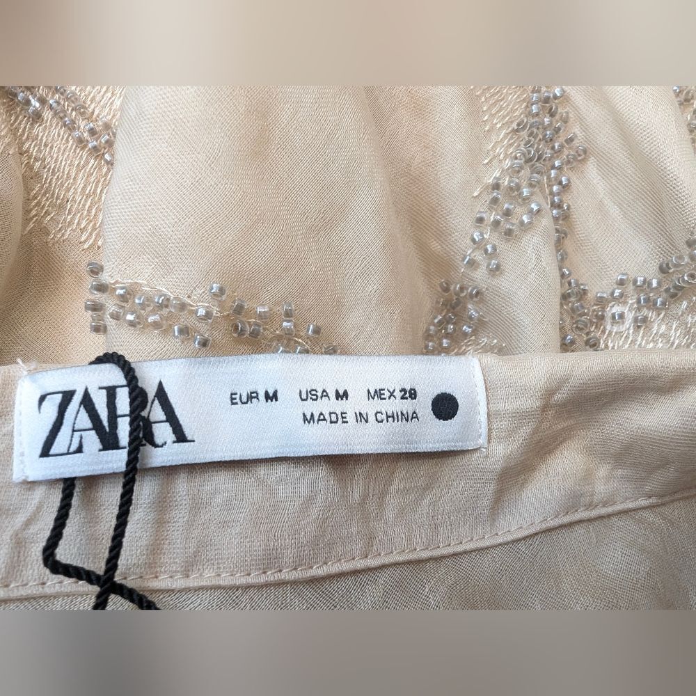 New ZARA Satin Midi Long Slip Skirt Beige Marble Neutral Nude Sz M Beads Sheer - Picture 9 of 14